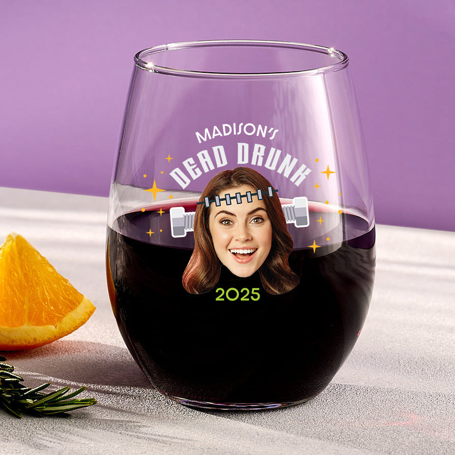 Dead Drunk – Custom Halloween Stemless Wine Glass with Face &amp; Name