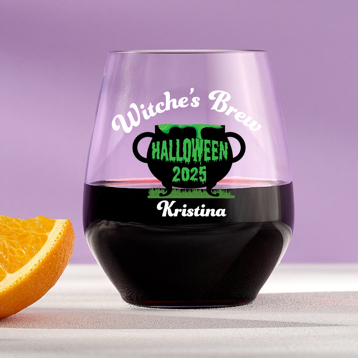Witches Brew – Custom Plastic Halloween Stemless Wine Glass with Name