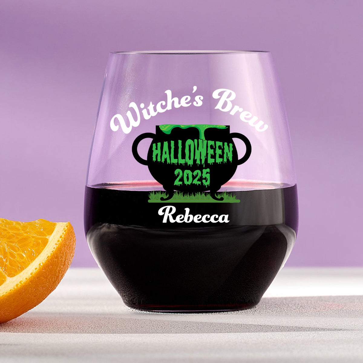Witches Brew – Custom Plastic Halloween Stemless Wine Glass with Name
