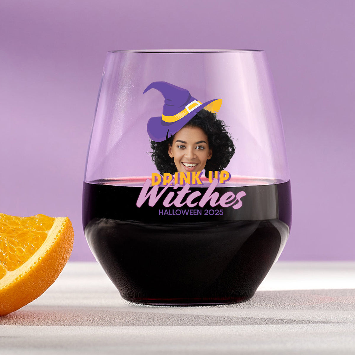 Drink Up Witches – Personalized Plastic Halloween Stemless Wine Glass with Face