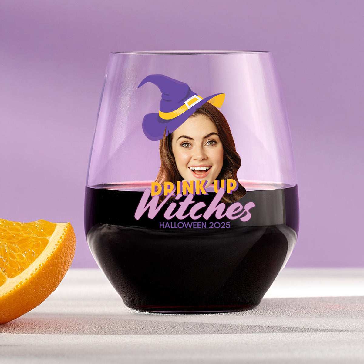 Drink Up Witches – Personalized Plastic Halloween Stemless Wine Glass with Face