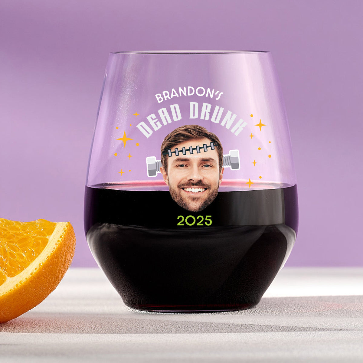 Dead Drunk – Custom Plastic Halloween Stemless Wine Glass with Face &amp; Name