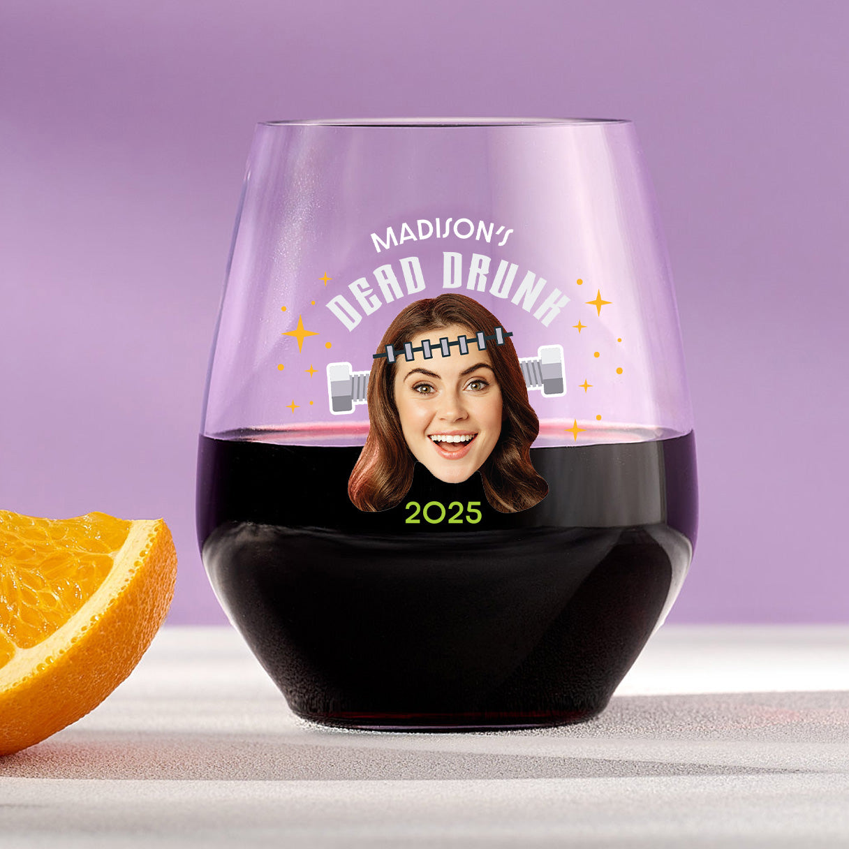 Dead Drunk – Custom Plastic Halloween Stemless Wine Glass with Face & Name