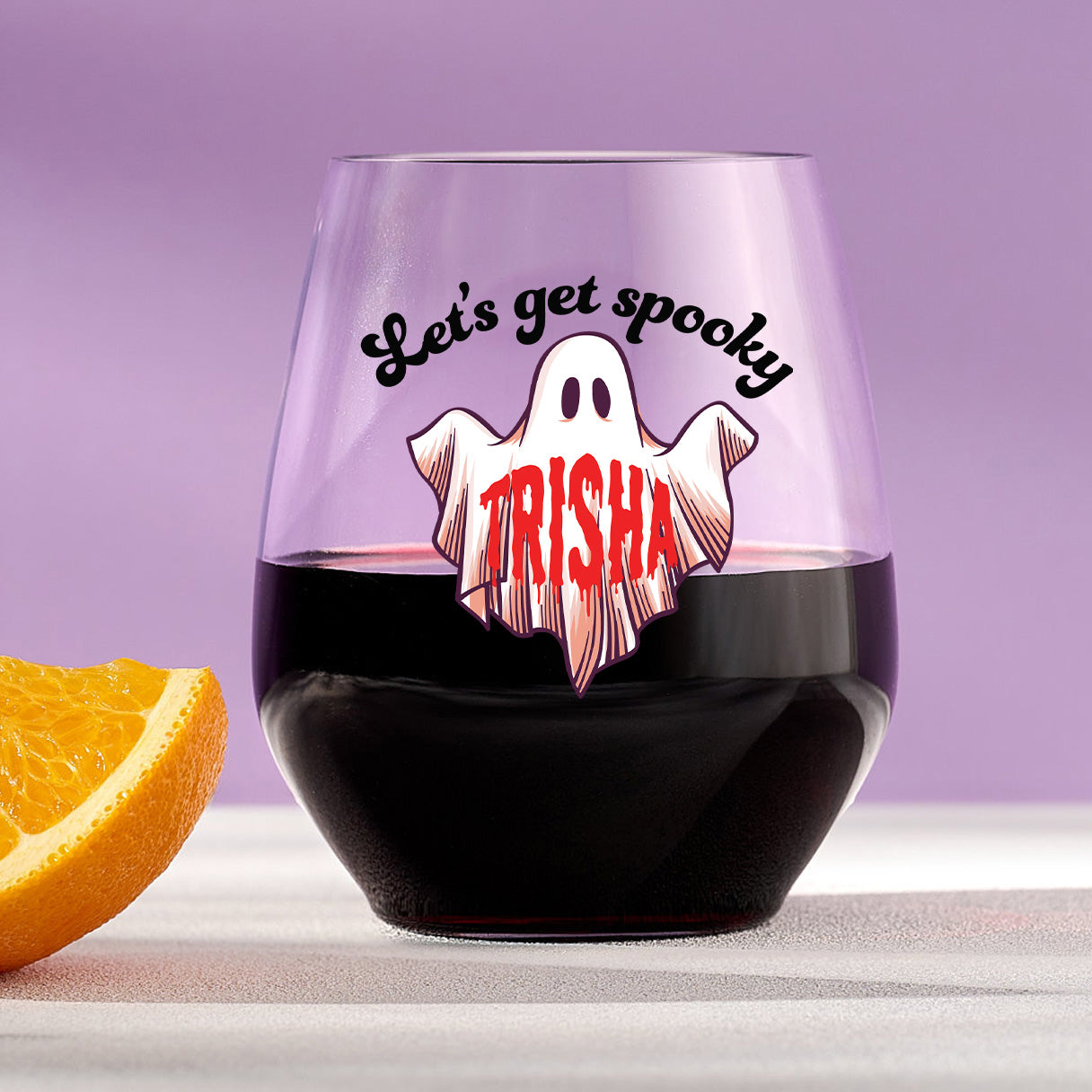 Let’s Get Spooky – Personalized Plastic Halloween Stemless Wine Glass with Name
