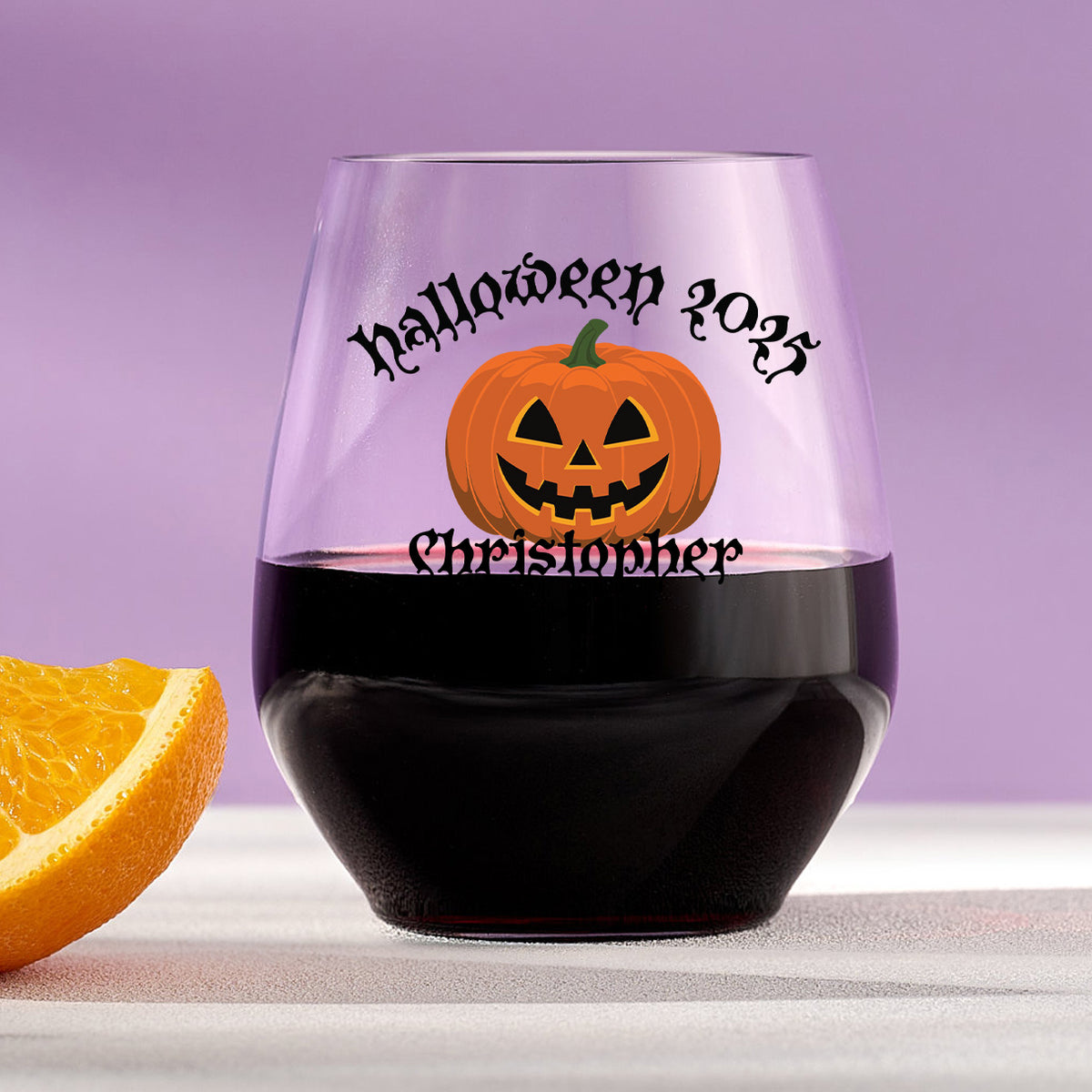 Pumpkin Halloween – Custom Plastic Stemless Wine Glass with Name