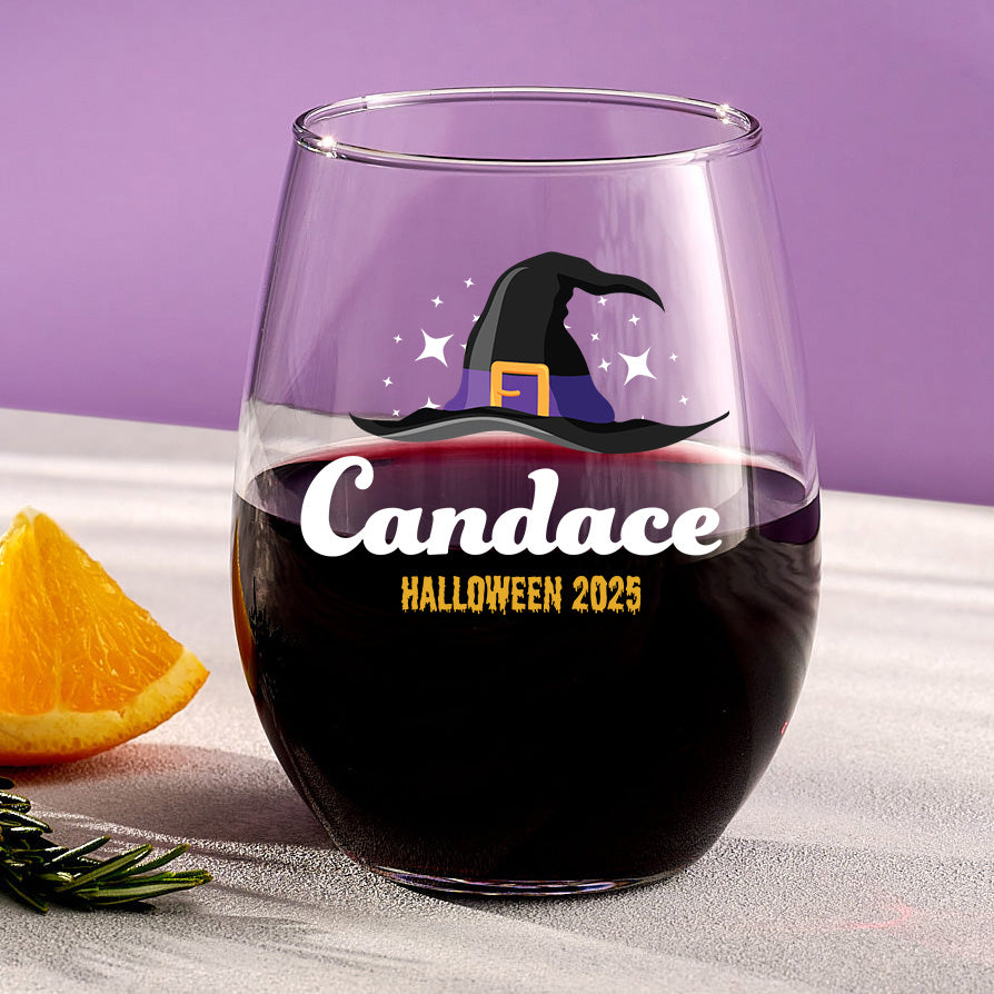 Witch Hat – Personalized Halloween Stemless Wine Glass with Name