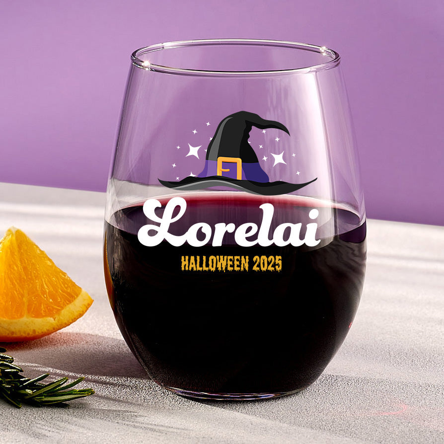 Witch Hat – Personalized Halloween Stemless Wine Glass with Name
