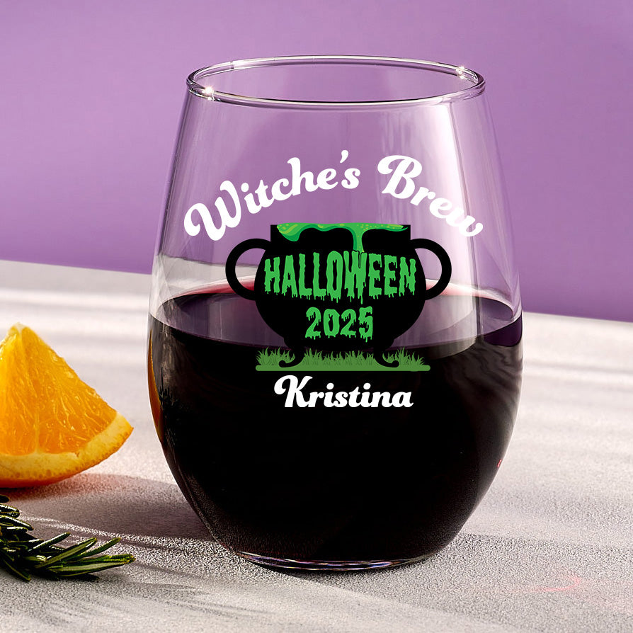 Witches Brew – Custom Halloween Stemless Wine Glass with Name
