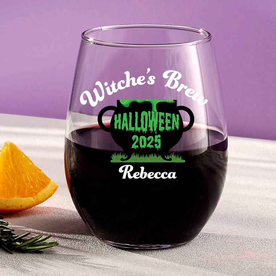 Witches Brew – Custom Halloween Stemless Wine Glass with Name
