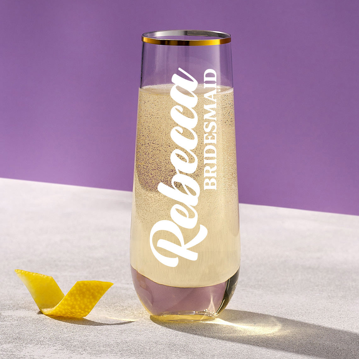 Personalized Bridesmaid Name/Title Stemless Gold Trim Champagne Flute