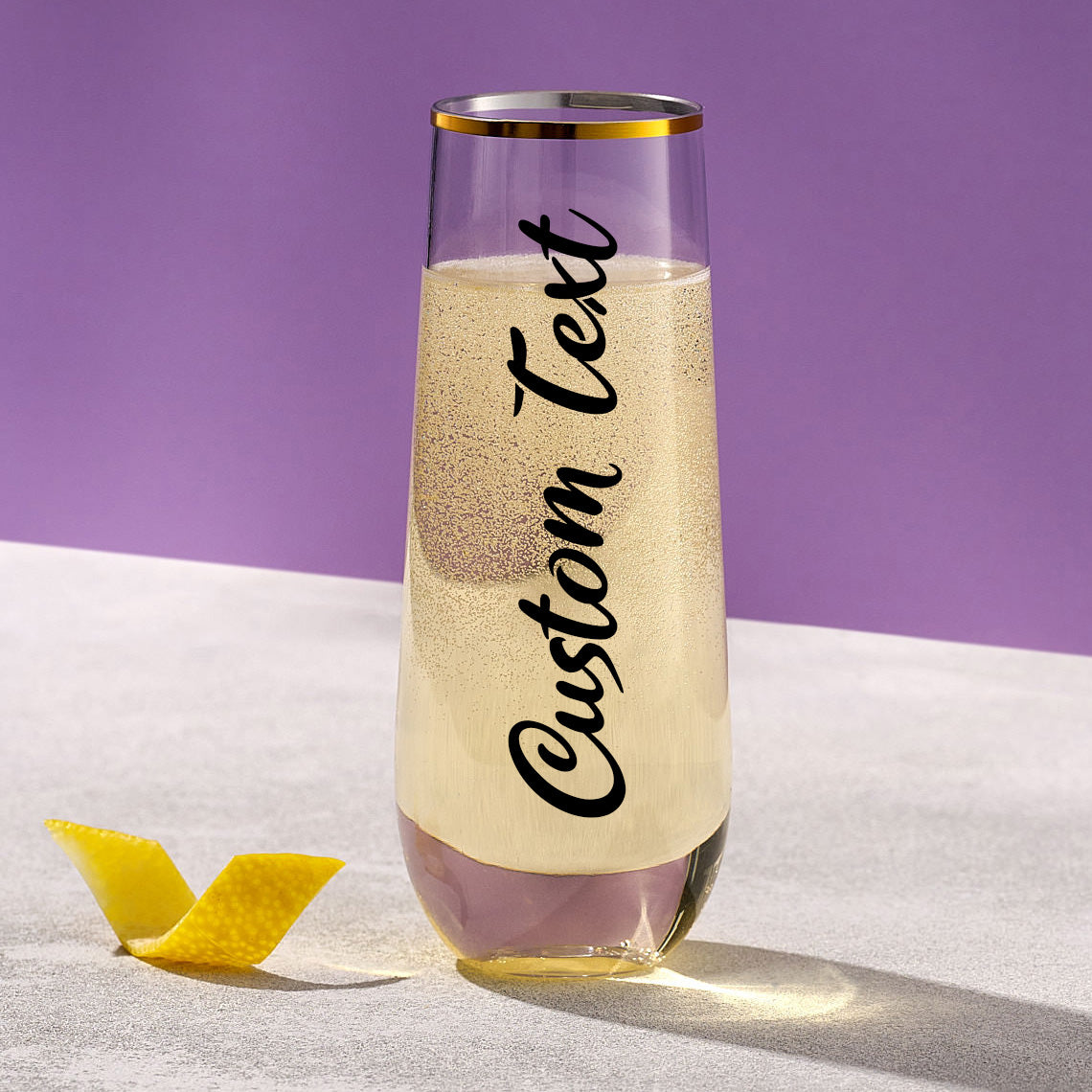 Custom Text Plastic Gold Trim Stemless Flute