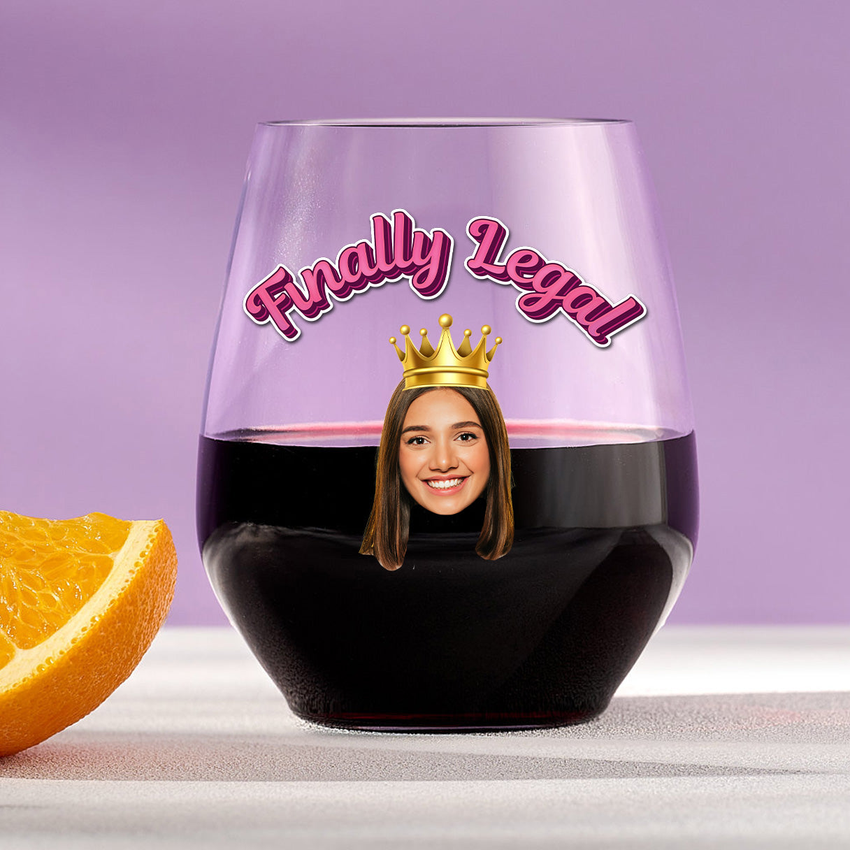 Pink/Purple Finally Legal Plastic Stemless Wine Glass With Custom Image