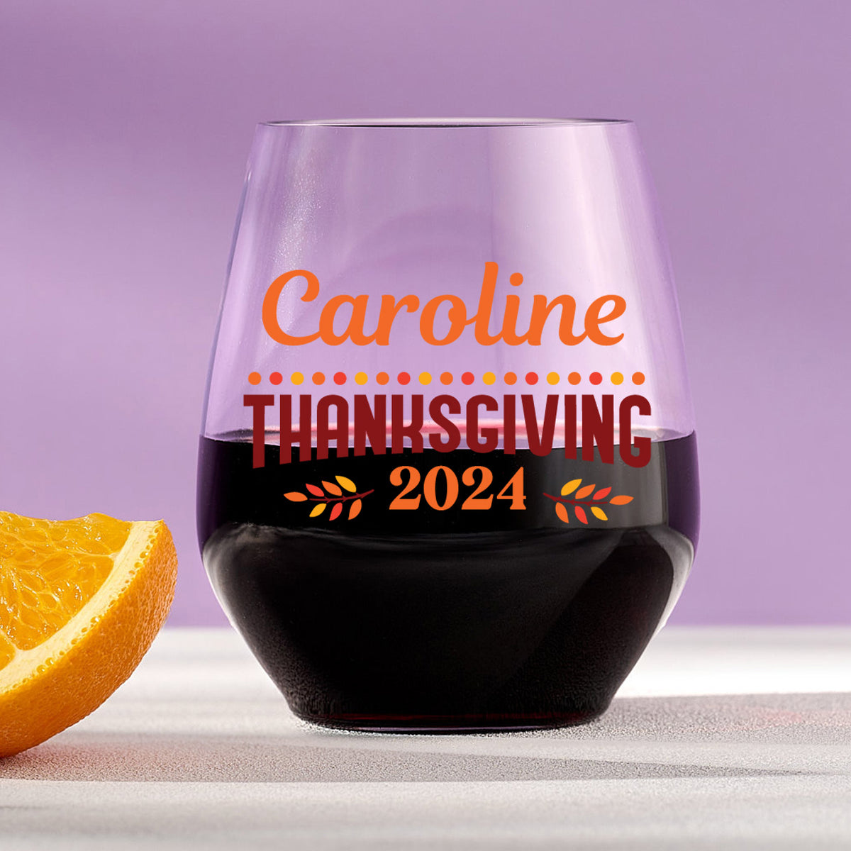 Personalized Thanksgiving Name/Year Plastic Stemless Wine Glass