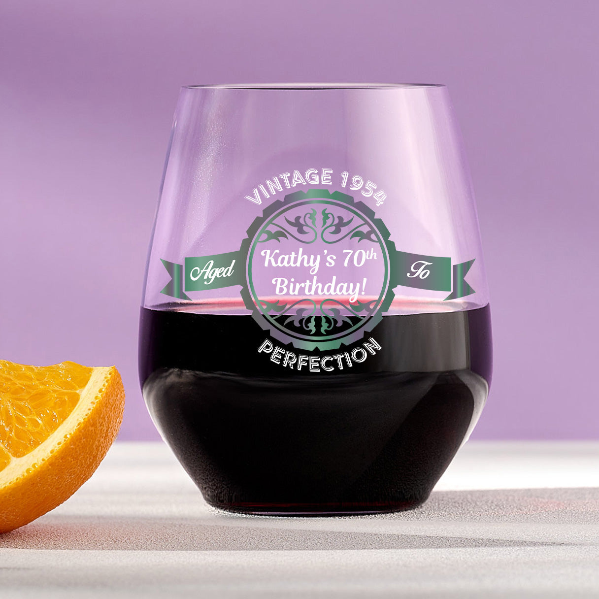 Aged to perfection Plastic Stemless Wine Glass Personalized