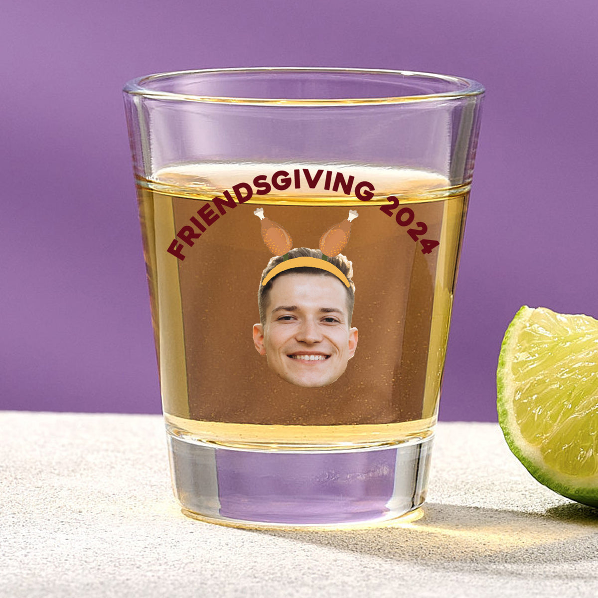 Friendsgiving Turkey Headband Shot Glass With Custom Image