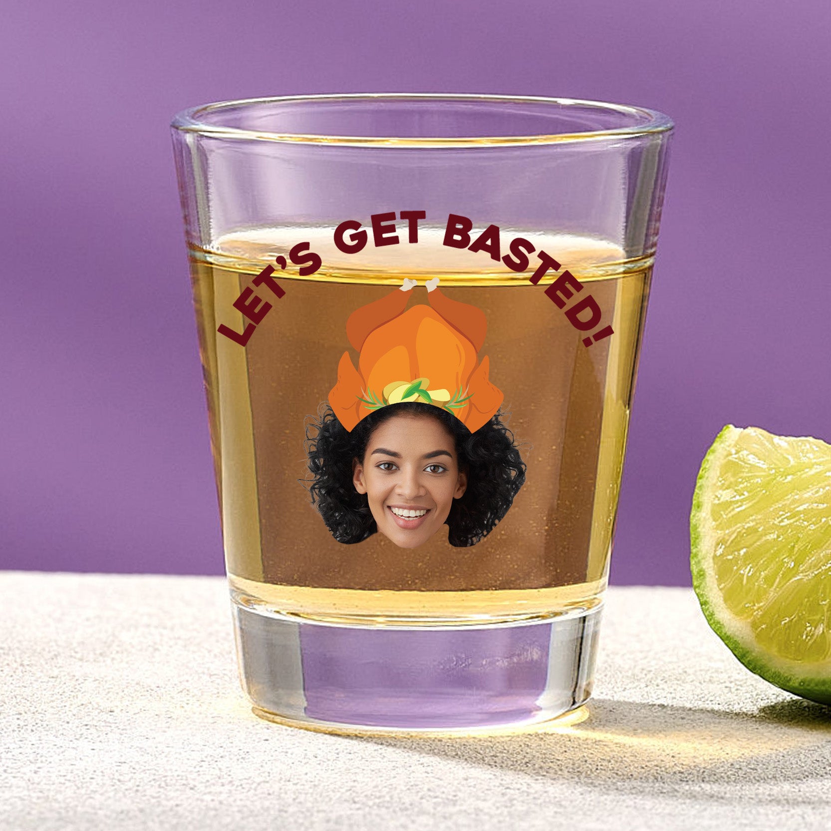 Lets Get Basted Turkey Hat Shot Glass With Custom Image