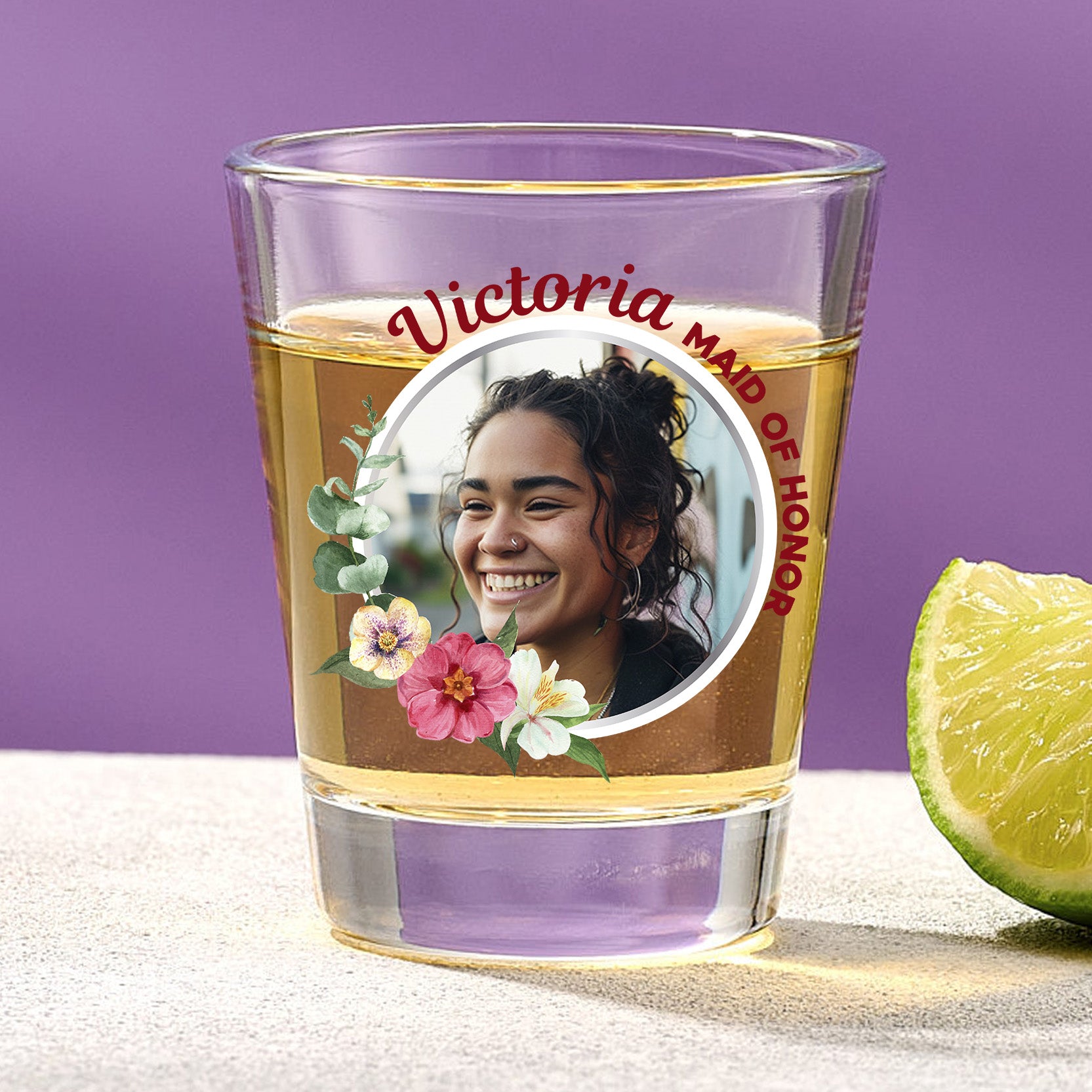 Tropical Flowers Bridesmaid Shot Glass With Custom Image And Text