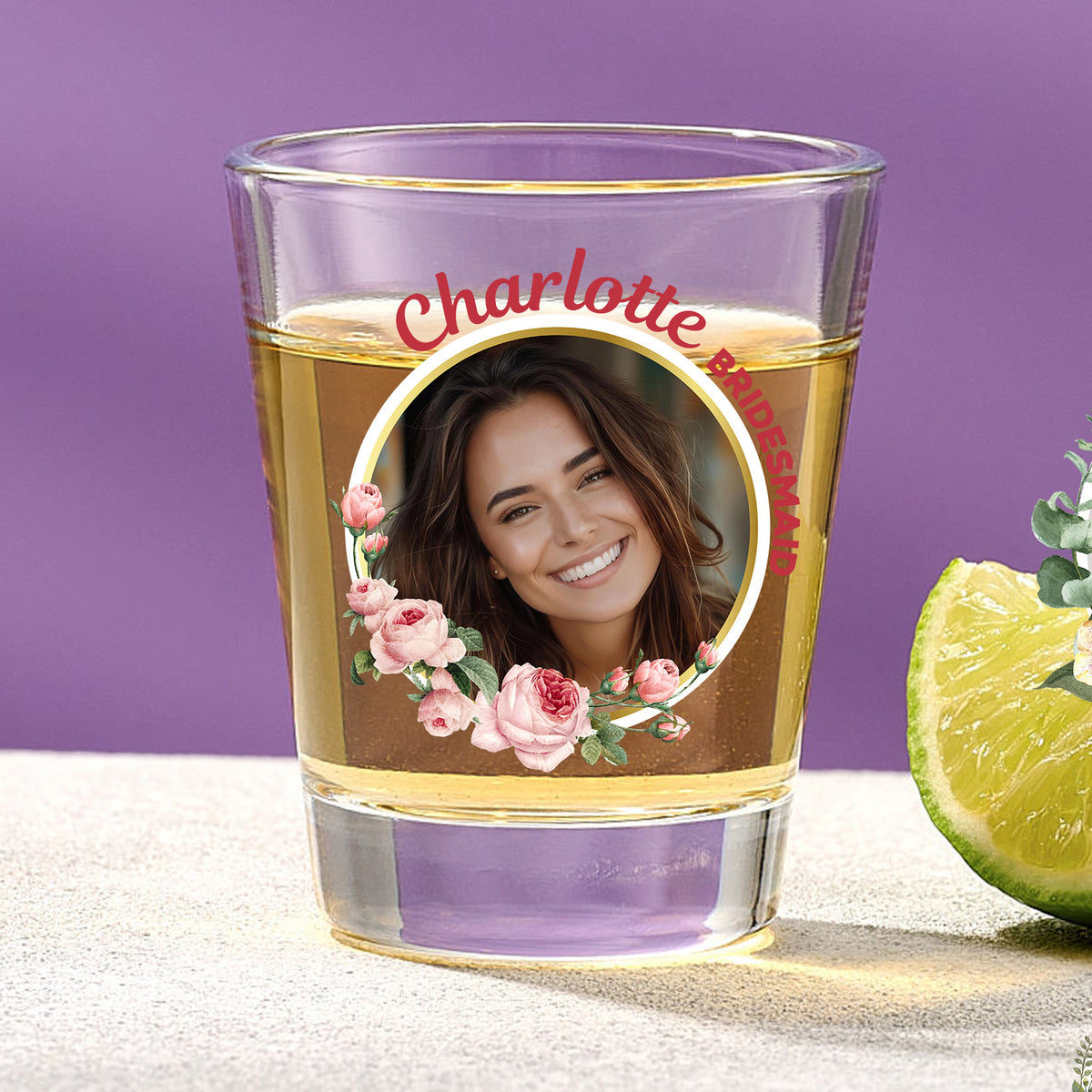 Tropical Flowers Bridesmaid Shot Glass With Custom Image And Text