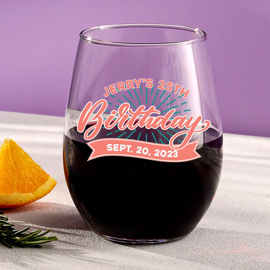 Personalized Birthday Logo Blue/Green Stemless Wine Glass