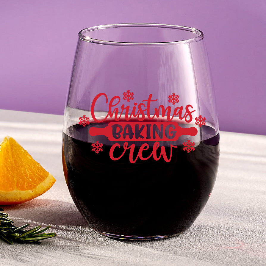 Christmas Baking Crew Stemless Wine Glass Personalized