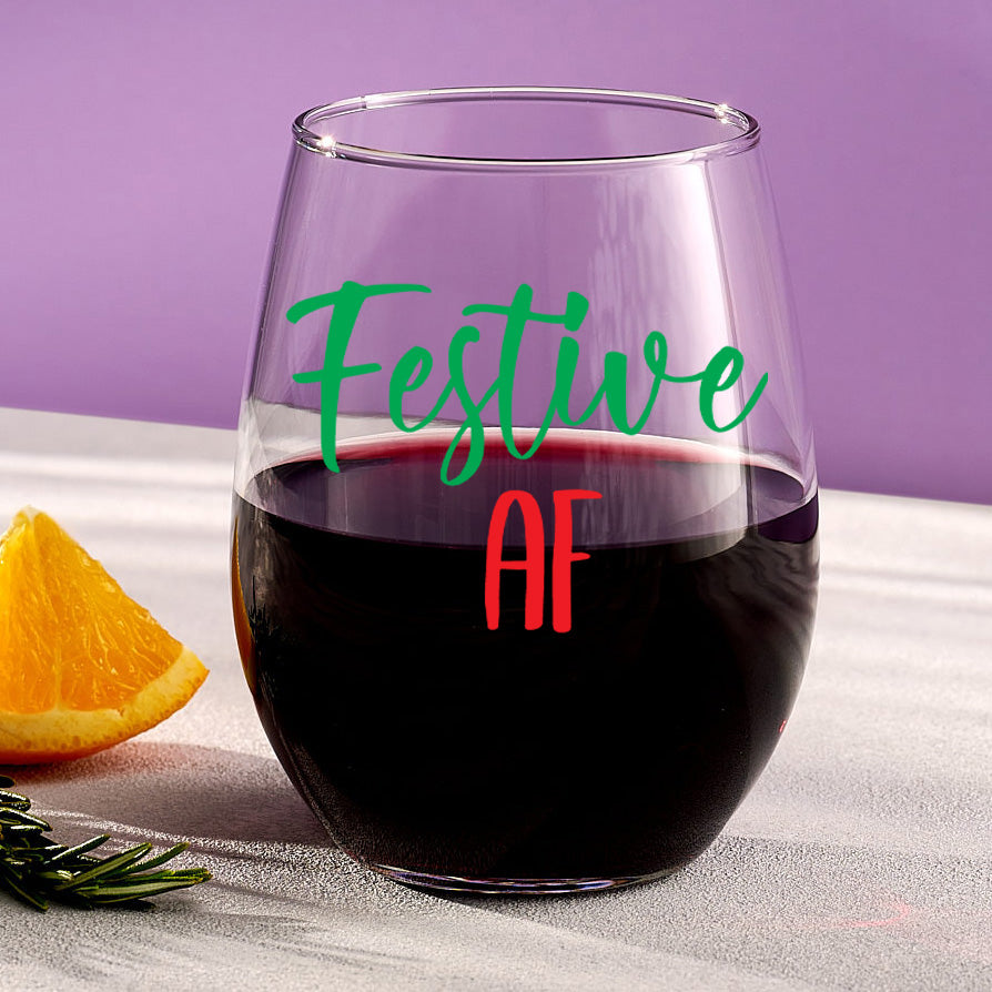 Festive AF Stemless Wine Glass Personalized