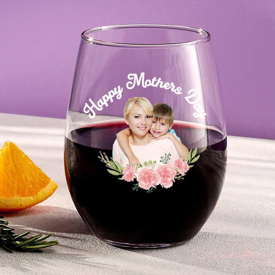 Floral Happy Mothers Day Stemless Wine Glass With Custom Image