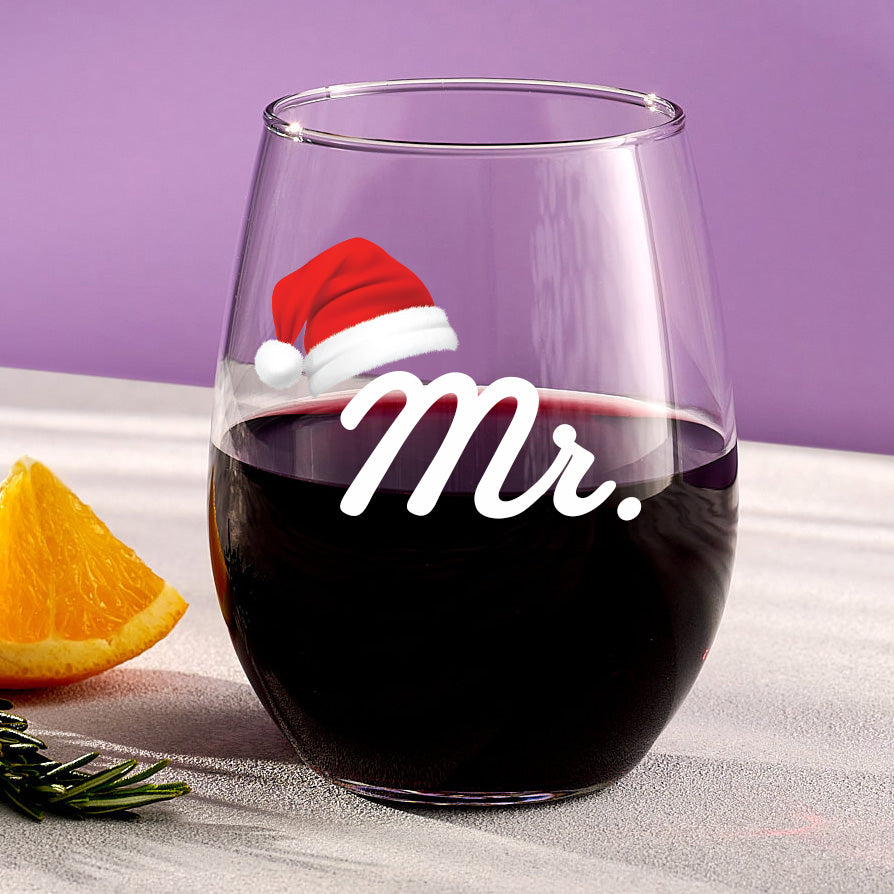 Mr. With Santa Hat Stemless Wine Glass Personalized