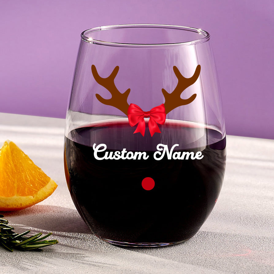 Personalized Name Deer With Bow Stemless Wine Glass