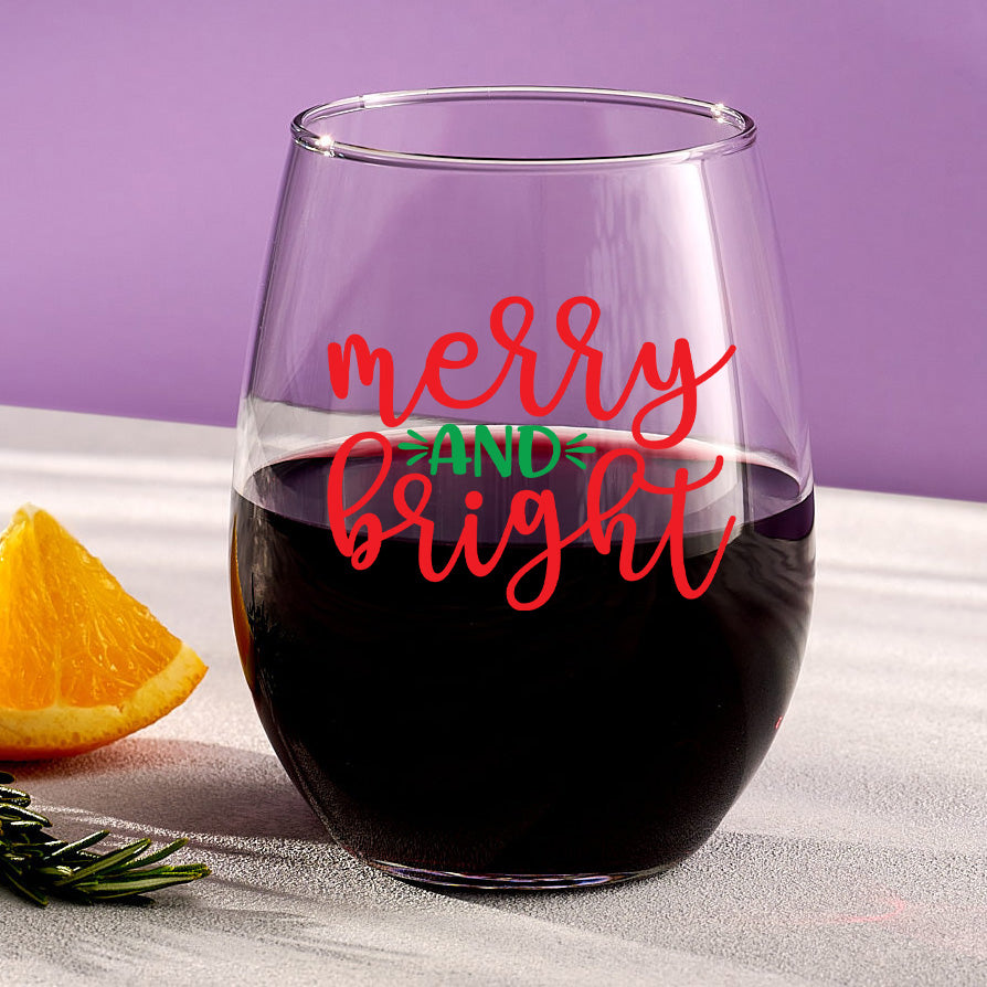 Merry and Bright Stemless Wine Glass Personalized