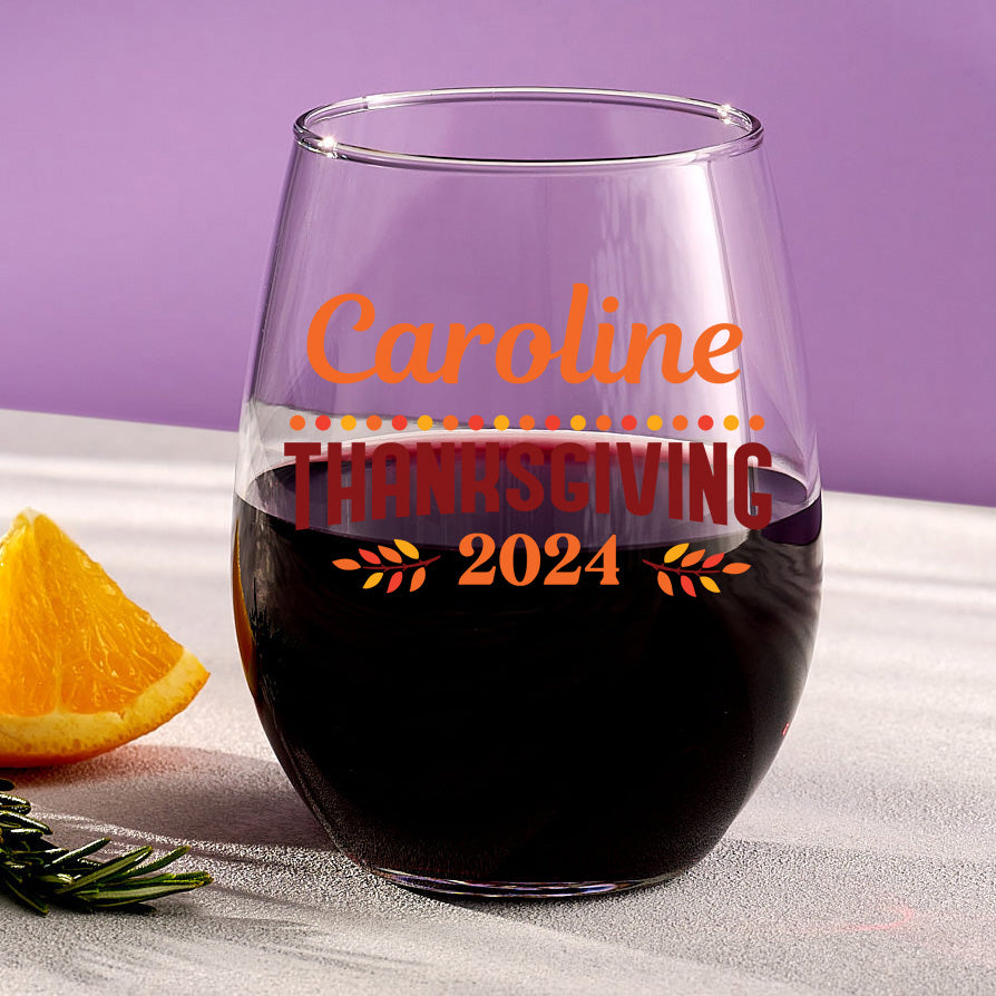 Personalized Thanksgiving Name Stemless Wine Glass