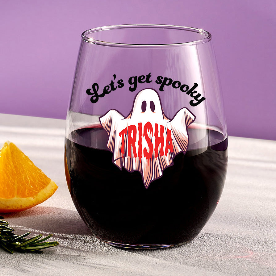 Let’s Get Spooky – Personalized Halloween Stemless Wine Glass with Name