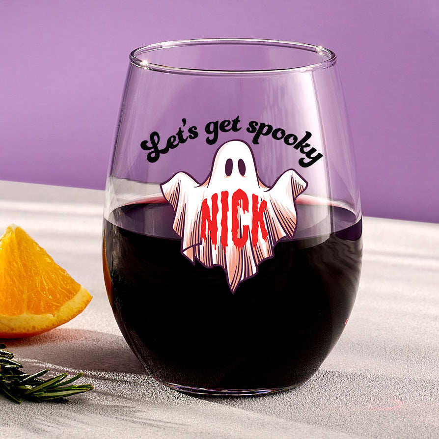 Let’s Get Spooky – Personalized Halloween Stemless Wine Glass with Name
